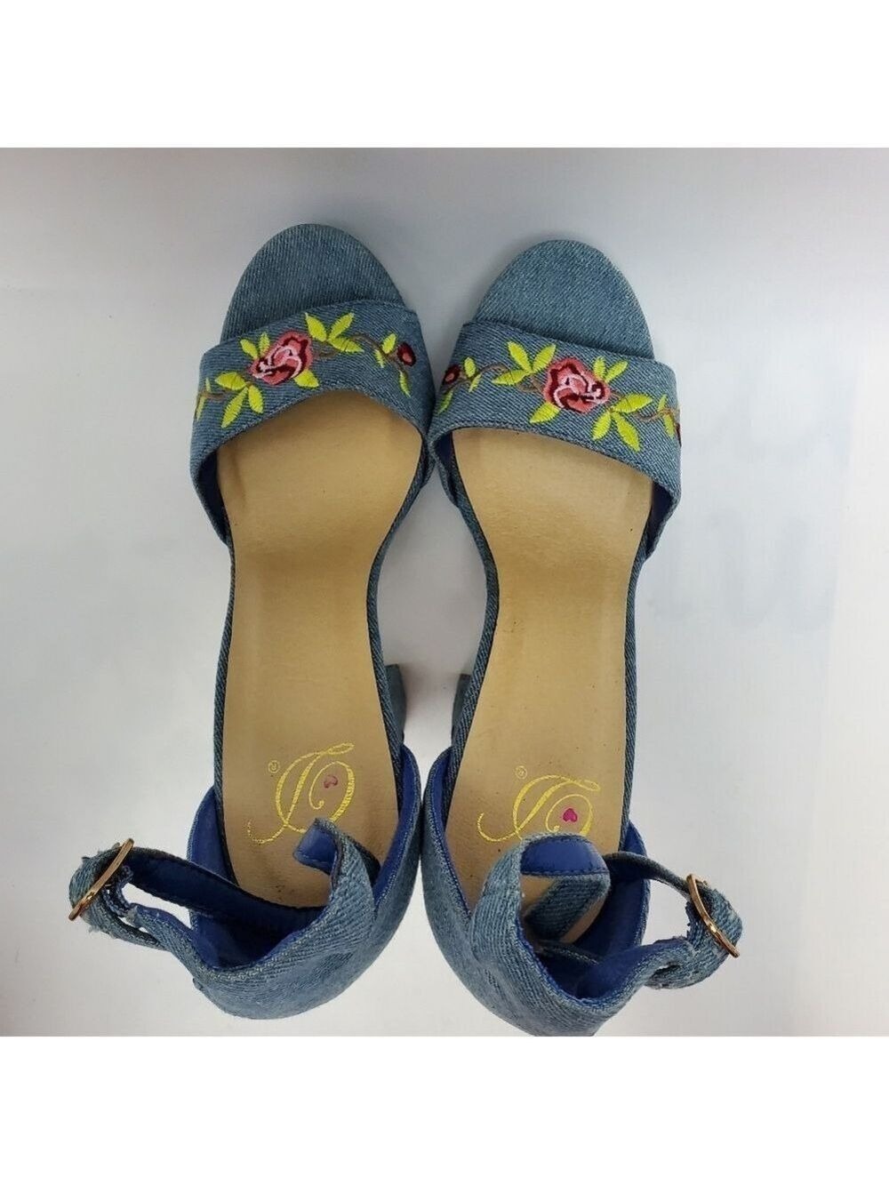 Heart in D Blue Denim Floral Embroidered Platform Heels Sandals Size 8 - Picture 8 of 12
